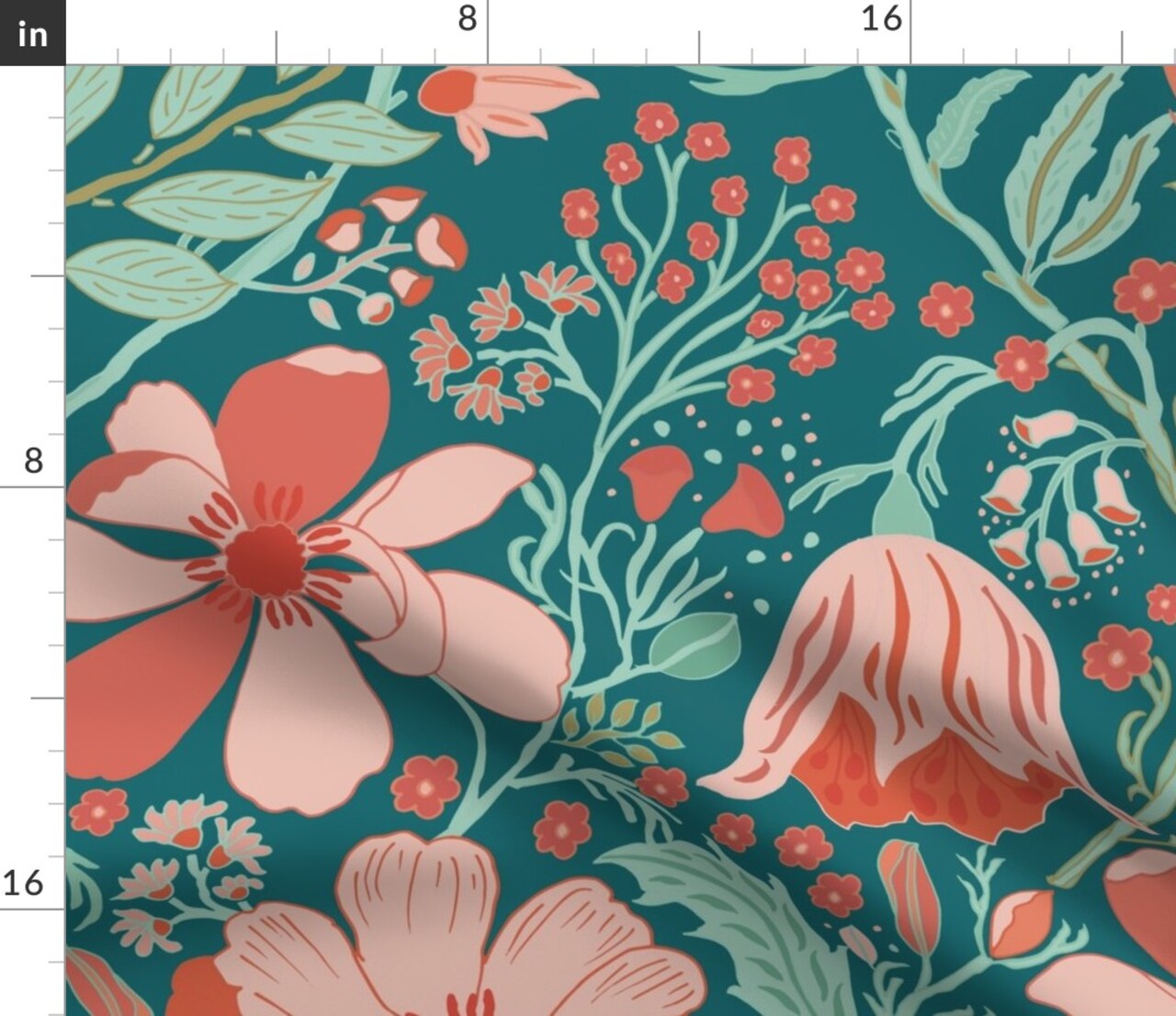 Coral Chintz Blue Green Pink Jumbo Scale Magnolia Flower Botanical Garden Custom Printed Fabric by Spoonflower Various Fabrics by the Yard or Fat Quarter